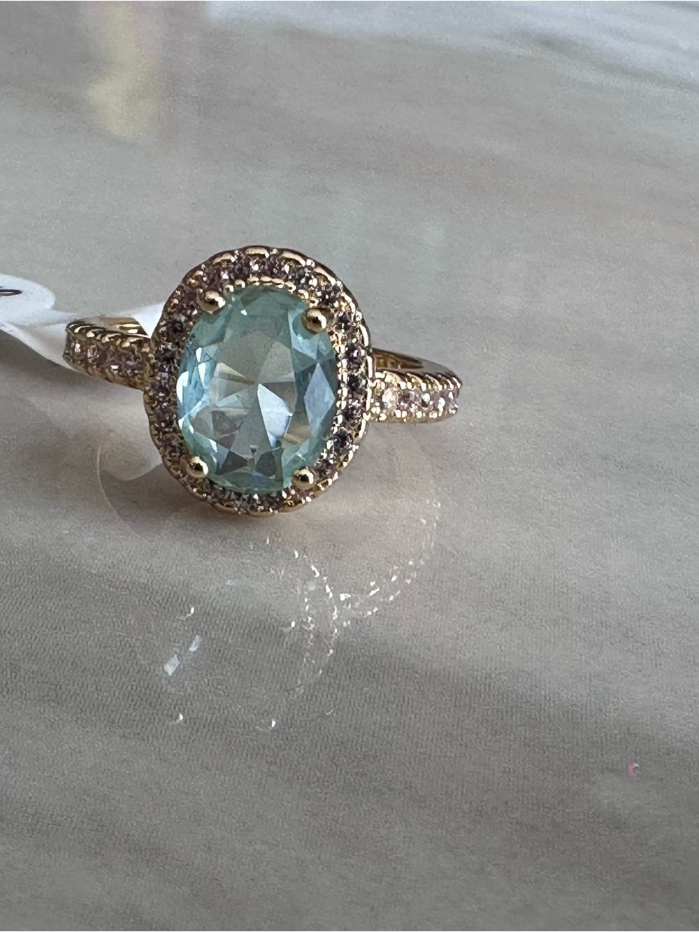 Gold Plated Ring with Light Mint Fluorite Colored Oval Gemstone w/ Halo Accent